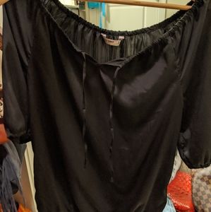 Black silky off shoulder top cinched waist